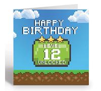 GIGGLE GREETINGS Carte d'anniversaire pour garçon ou fille de 12 ans - Carte d'anniversaire débloquée pour jeu vidéo niveau 12 avec enveloppe bleue - Carte écologique