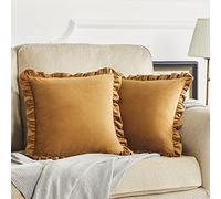 GIGIZAZA Lot de 2 housses de coussin carrées en velours avec bords à volants pour canapé, salon, chambre à coucher, 50 x 50 cm, doré foncé