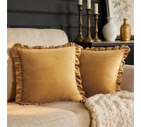 GIGIZAZA Lot de 2 housses de coussin carrées en velours avec bords à volants pour canapé, salon, chambre à coucher, 40 x 40 cm, doré foncé