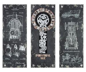 Gilde 3tlg. Set, Wanduhr, rechteckig, "Steampunk", Zahnradmotiv, Metall, schwarz, VE 1, L. 5 cm, B. 69 cm, H. 60 cm 50289 4001250502890