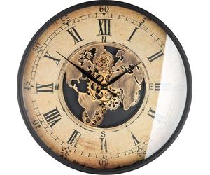 Gilde Wanduhr, rund, Weltkartenmotiv, Zahnrädermotiv, Metall, creme, kupferfarben, VE 1, L. 8 cm, D. 59,5 cm 46223