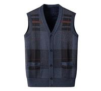 Gilet classique en tricot à carreaux doublé en polaire, gilet chaud boutonné en laine douce avec poches, cardigan thermique sans manches, idéal pour les chalets d'hiver ou les cafés de rue, bleu