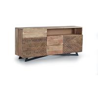 GINER Y COLOMER Buffet en bois d'acacia et métal, 2 portes et 3 tiroirs, couleur naturel et noir, buffet rustique avec pattes métal et sculptures manuelles
