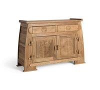 GINER Y COLOMER - Buffet en bois de teca massif style oriental avec 2 tiroirs et 2 portes sculptées, finition naturelle rustique - Dimensions L110 x P41 x H77 cm