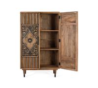 GINER Y COLOMER - Buffet haut en bois de manguier couleur noisette, portes sculptées mandala noir, étagère intérieure, pates tournées métal, dimensions 128x45 cm