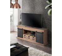 GINER Y COLOMER Buffet TV en bois de manguier massif avec pattes métal gris et rangement central - 2 portes, 3 tiroirs - Dimensions : 150x55x40 cm