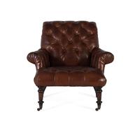 GINER Y COLOMER - Fauteuil en cuir véritable marron avec capitonnage, dossier haut et accoudoirs, pattes en bois et roulettes - 99x92x94 cm