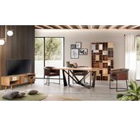 GINER Y COLOMER Meuble TV 160x50x40 cm en bois de mamelonnier couleur noyer clair avec 3 tiroirs et 2 portes, finitions bronze et cuir - 35 kg
