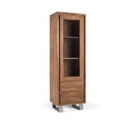 GINER Y COLOMER - Vitrine en acacia massif avec porte en verre et tiroirs - Bibliothèque ou buffet de salon avec étagères et pieds métalliques - 124x49 cm