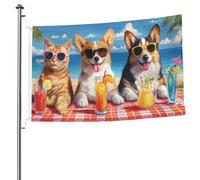 Ginfult Drapeau de plage d'été mignon chat chien extérieur 1,5 x 2,4 m drapeau de jardin double face en polyester drapeau décoratif pour terrasse, pelouse, porche, balcon