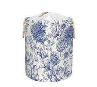 Ginfult Grand panier à linge rond vintage avec cordon de serrage pliable pour chambre à coucher et chambre d'enfant Motif fleurs bleues