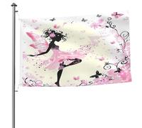 Ginfult Joli drapeau de jardin double face en polyester pour filles, motif fée rose, papillon, 1,5 x 2,4 m, pour terrasse, pelouse, porche, balcon