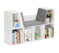 GINGER HOME - Bibliothèque enfant 3-en-1 avec banc, 6 casiers + 2 étagères, coussins, blanc, 112×28×61 cm