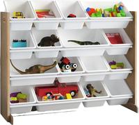 Ginger Home Étagère pour enfants avec 16 boîtes en plastique - Bois/Blanc - Organiseur de jouets pour chambre d'enfant