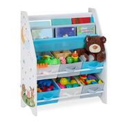 Ginger Home - Organiseur Enfant 3 Porte-Livres + 6 Bacs, Meuble De Rangement Jouets, Bois & Tissu, Motif Forêt, 62,3×26,5×74 Cm Blanc