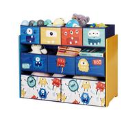 GINGER HOME - Organiseur jouets enfant 9 bacs tissu (2G,3M,4P), MDF/acier, motif MONSTER, 92×30×60 cm