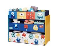 Ginger Home - Organiseur Jouets Enfant 9 Bacs Tissu (2g,3m,4p), Mdf/Acier, Motif Monster, 92×30×60 Cm Bleu