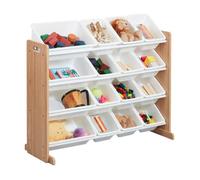GINGER HOME - Organiseur jouets enfant avec 16 bacs (4 grands + 12 petits), structure MDF/métal, bois/blanc, 107×26,5-38×78 cm