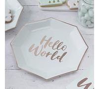 Ginger Ray- Assiettes en Papier Unisexe pour fête prénatale Lot de 8, Hello World Mint and Rose Gold, Vert