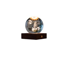Gingko Lampe LED en cristal ambré - Hibou et lune - Fabriquée à la main avec base en bois - Veilleuse rechargeable par USB - Cadeau unique pour la maison, le bureau et la chambre à coucher
