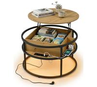 Ginhow Table Basse Relevable avec Rangement Caché, Table Basse Ronde Salon 80 x 80 x 48cm, Table de Salon Moderne avec Prise USB Type C et Éclairage LED, Coffee Table, Forte Charge Portante