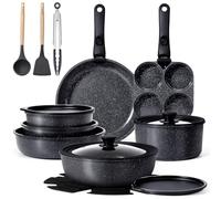 GiPP Batteries de Cuisine avec Poignée Amovible 21PCS, Sets de Poêles et Casseroles avec Revêtement Antiadhésif en Granit, Adapté au Camping, Résistantes au Four, Compatible Tous Feux(Noir,21PCS)