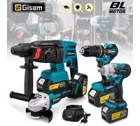Gisam - Kits combinés sans balais 4 pièces hocs électrique sans fil, perceuse à percussion sans fil, meuleuse d'angle, marteau électrique 2 Battery