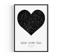 GiveSmiles Affiche carte des étoiles personnalisée en forme de cœur - Ciel étoilé de votre date, lieu et prénoms - Cadeau couple, anniversaire et toutes occasions