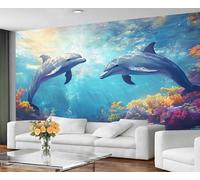 GIVLWF Papier peint dauphin décoration d'intérieur et peinture murale, papier peint bleu océan pour chambre à coucher, papier peint corail coloré pour salon, grande décoration murale, non autocollant