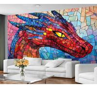 GIVLWF Papier peint et peinture murale motif dragon en vitrail - Papier peint mosaïque pour chambre à coucher - Papier peint dragon fantaisie pour salon, peinture murale rouge et bleu - Non adhésif