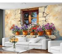 GIVLWF Papier peint pour fenêtre - Décoration d'intérieur et décoration murale - Fleurs colorées - Papier peint pour chambre à coucher - Papier peint en pierre rustique pour salon, pots en terre cuite