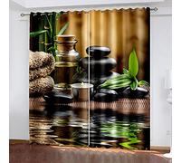 GJBGZX Rideau Occultant 2 Pièces 220 x 210cm avec Œillets Double - Anthracite Opaque - Motif 3D Plante de Bambou Vert Zen - pour Salon et Chambre