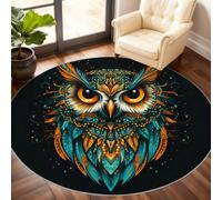 GKPLY Magnifique tapis rond motif hibou 1,8 m | Tapis mandala pour chaise, lavable, motif hibou, ethnique, antidérapant et à poils courts