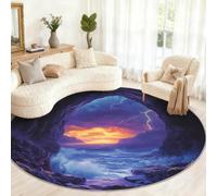 GKPLY Tapis rond Cave Seascape 1,5 m Lightning Storm Tapis circulaire | Tapis de sol doux et lavable pour chambre à coucher, motif vagues de l'océan