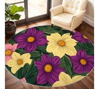 GKPLY Tapis rond floral pastel violet marguerite 0,9 m | Tapis d'intérieur lavable et antidérapant pour chambre à coucher, motif feuilles vertes, crème