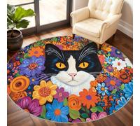 GKPLY Tapis rond motif chat dessin animé 2,8 m | Tapis d'intérieur lavable et antidérapant Motif pétales lumineux