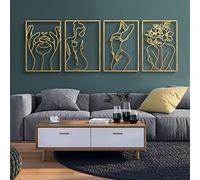 Glamativity Lot de 4 décorations murales dorées, décoration minimaliste à ligne unique, art mural en métal véritable, art mural abstrait en forme de corps de femme (style classique doré, taille M