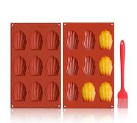 GlasFlength Moule Madeleine Silicone, Lot de 2 Moule a Madeleine 9 Cavités Moule Antiadhésif en Forme de Coquille avec Brosse en Silicone pour Biscuits Chocolat Bonbons Pudding Gâteau (Rouge Brique)