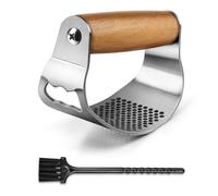GlasFlength Presse Ail Inox Professionnel, Ecrase Ail avec Petite Brosse Manche en Bois Massif Garlic Press Nettoyage Facile Coupe Hachoir, Silver And Brown