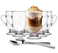Glasmark KROSNO 1992 Lot De 6 À Café Avec Poignée À Pied s À Café Latte 380 ml Avec Cuillères En Verre Transparent Lavable Au Lave-Vaisselle Elton