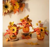 Glasseam Vase en Forme de Citrouille pour Décoration d'automne, Petits Vase | 3 Vases d'Automne en Verre avec Fleurs Artificielles, Décoration de Centre de Table, Salon, Cadeau pour Thanksgiving, Fête