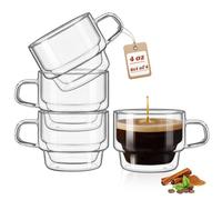 glastal Empilable Tasse à expresso 120 ml Tasse à Café Double Paroi Verre à Thé avec Poignée Lot de 4 Tasse en Verre pour Thé, Lait, Jus, Cadeaux Saint Valentin d'anniversaire pour Couples Parents