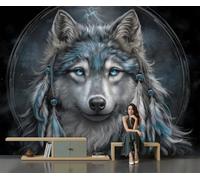 GLCWARM Papier Peint Motif Attrape-Rêves Loup À Plumes | 3D Panoramique Papier Peint Animaux Totems Ethniques,Papier Mural Decoratif Pour Salon Chambre Tapisserie Murales Décoration Murale 200X140Cm