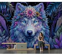 GLCWARM Papier Peint Panoramique 3D 450X315Cm Fresque Murale Loup De Vigne Marguerite | Tapisserie Intissé Animaux Fantastiques Pour Salon Chambre, Bureau Décoration Murale Grande Taille