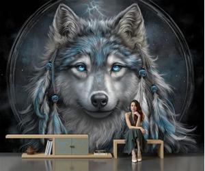 GLCWARM Papier Peint Panoramique 3D Attrape-Rêves Loup À Plumes 350X256Cm | Papier Peint Murale Intissé Animaux Totems Ethniques,Tapisserie Murale Pour Salon Chambre Maison Décoration Intérieure