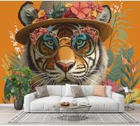 GLCWARM Papier Peint Panoramique 3D Tigre Au Chapeau De Paille 350X256Cm | Papier Peint Murale Intissé Animaux Pop,Tapisserie Murale Pour Salon Chambre Maison Décoration Intérieure