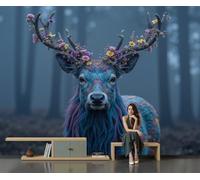 GLCWARM Papier Peint Panoramique Cerf Fleuri 300X210Cm | Photo Décoration Murale Animaux Fantastiques Papier Peint Mural Pour Cuisine Chambre Salon Fond Tv