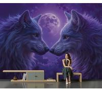 GLCWARM Papier Peint Panoramique Couple Au Clair De Lune Loup 300X210Cm | Photo Décoration Murale Animaux Fantastiques Papier Peint Mural Pour Cuisine Chambre Salon Fond Tv