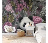 GLCWARM Papier Peint Panoramique Fleurs Animaux Poster Mural | Rose Panda Papier Peint Intissé Décoration Pour Salon Chambre Restaurant Chambre D'Enfants, 300X210Cm