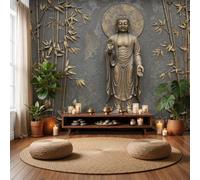GLCWARM Papier Peint Panoramique Statue De Bouddha En Bambou Et Lotus 450X315Cm | Statue En Bronze Revêtement Mural Décoration Chambre Design Moderne Intissé Tapisserie Photo Pour Chambre Salon